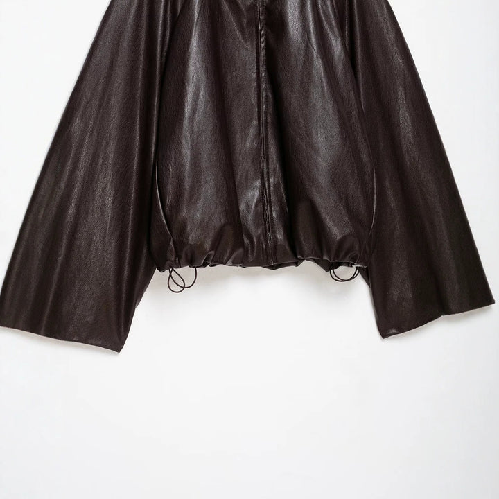 Women's Oversize Jacket in Leather Look with High Funnel Collar, Raglan Sleeves and Drawstring Hem Mune Fashion