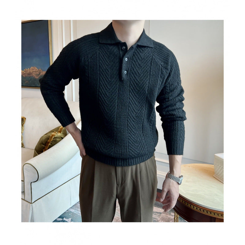 Men's Polo Collar Cable Knit Sweater with Half Button Placket Mune Fashion