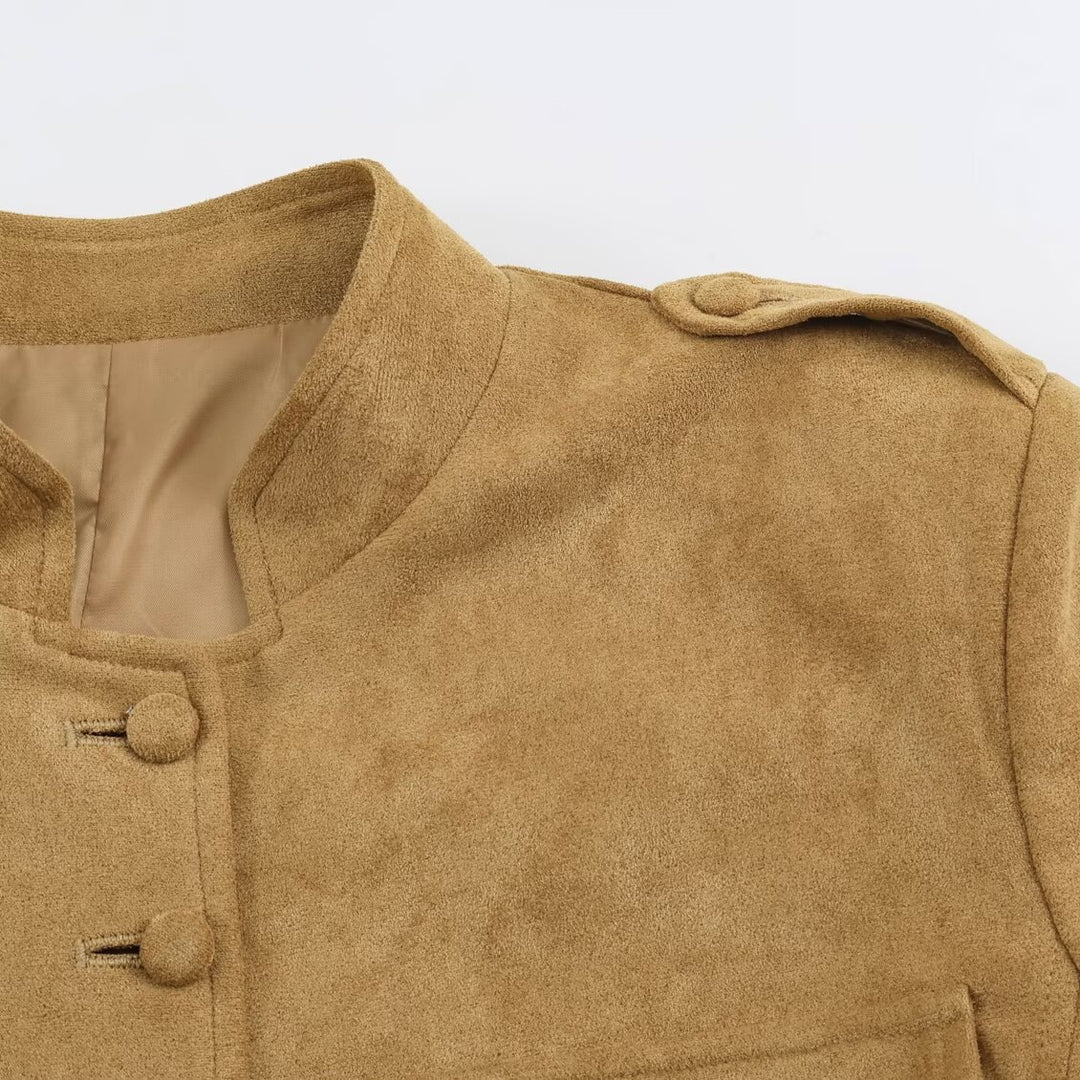 Women's Tailored Velour Jacket in Field Style with Stand-Up Collar and Chest Flaps Mune Fashion