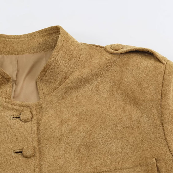 Women's Tailored Velour Jacket in Field Style with Stand-Up Collar and Chest Flaps Mune Fashion