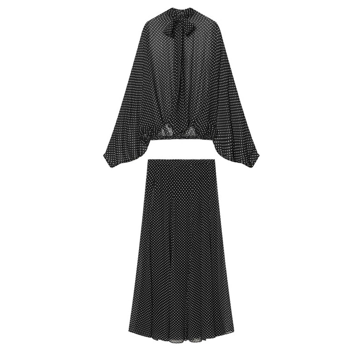Women's Two-Piece Set made of lightweight chiffon with wide midi skirt and balloon sleeve blouse with bow collar Mune Fashion