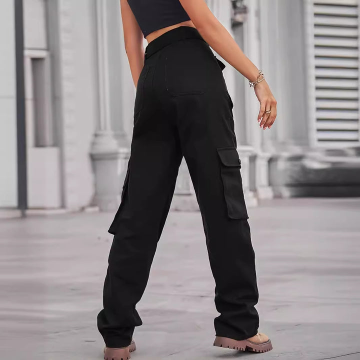 Ladies cargo pants with high waist, tie belt, and multiple flap pockets Mune Fashion
