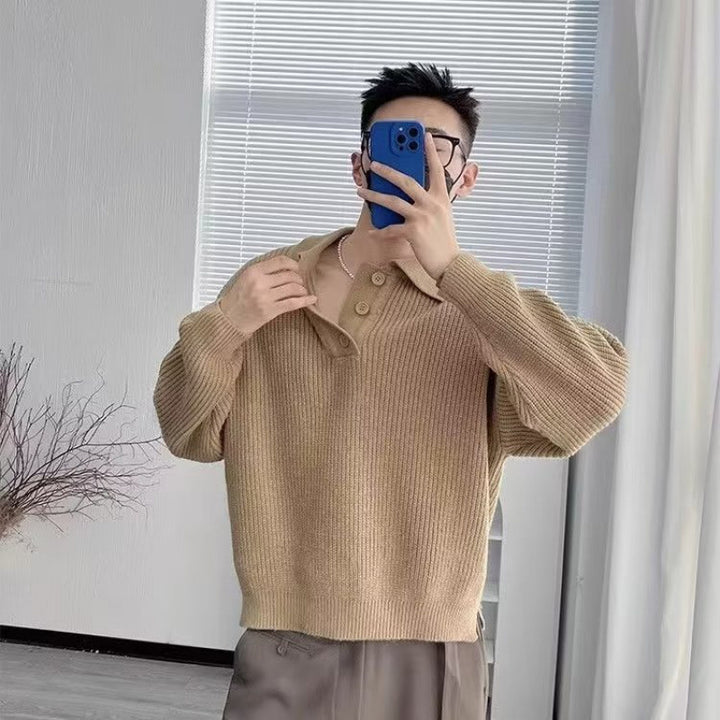 Men's fine-knit polo sweater with half-zip placket, ribbed structure, and side slits Mune Fashion