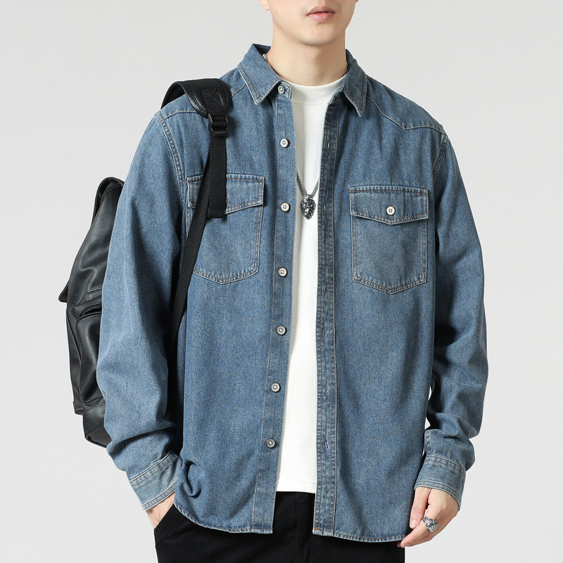 Men's Loose Denim Overshirt with Patch Chest Pockets and Full Button Placket Mune Fashion