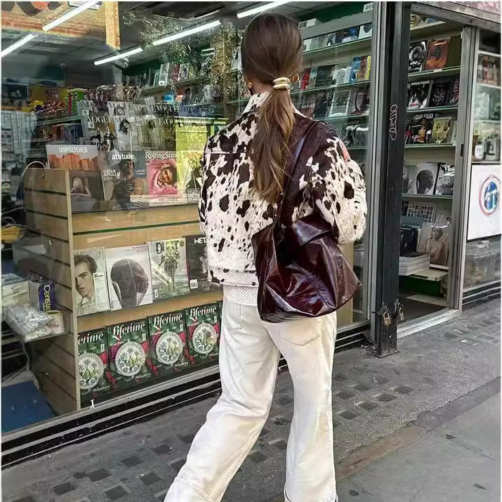 Women's Cropped Shirt Jacket with Cow Spot Pattern and Patch Chest Pockets Mune Fashion