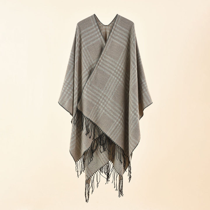 Women's Ruana Poncho with V-neck, boxy kimono fit, and fringe hem Mune Fashion