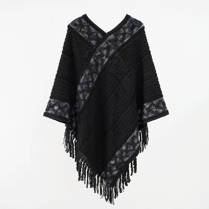 Women Oversized Knit Cape with Textured Waffle Knit Look and Cable Border Mune Fashion