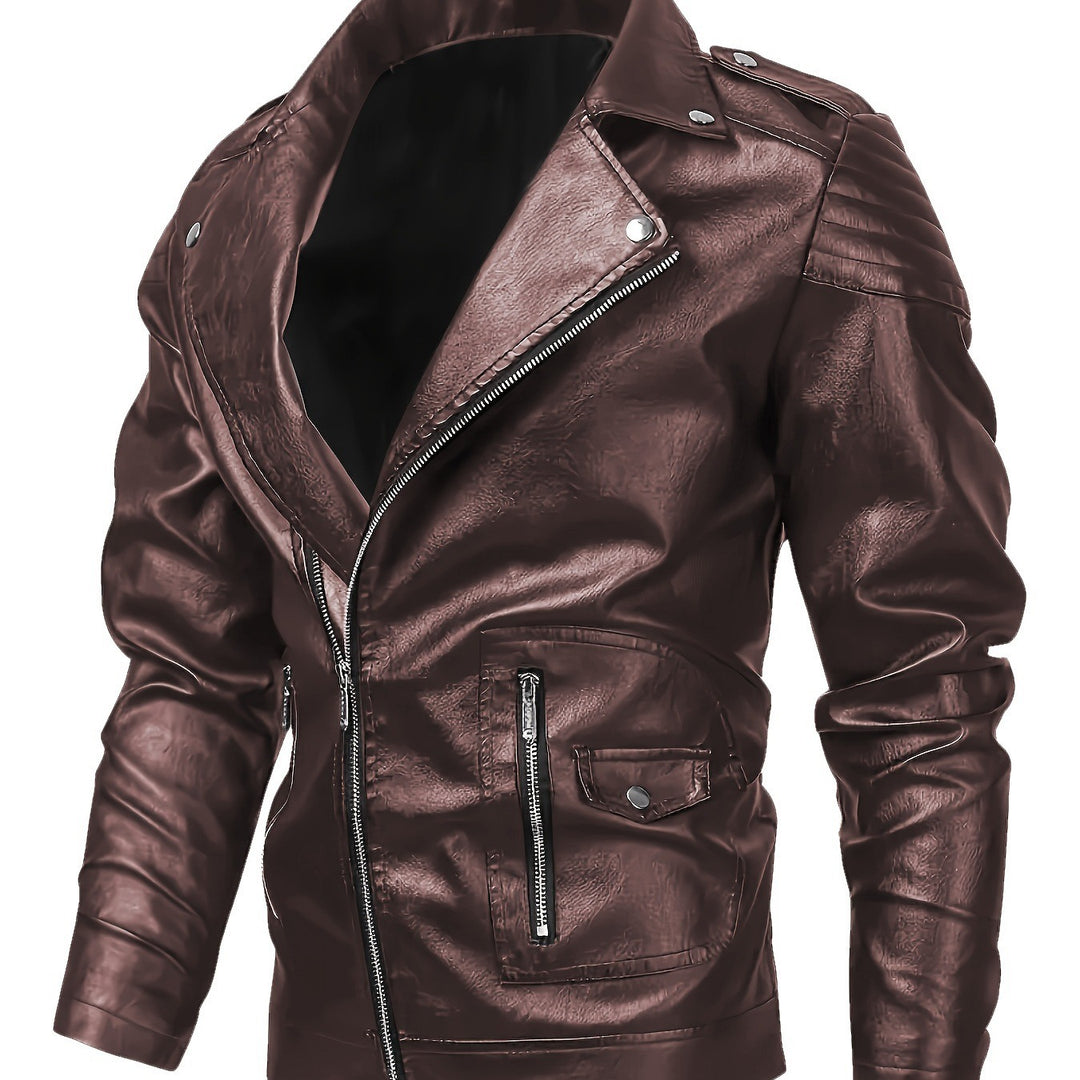 Men's Asymmetrical Biker Jacket made of Faux Leather with Quilted Shoulder Padding and Utility Pockets Mune Fashion