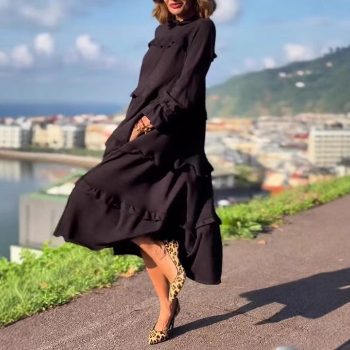 Women's nan castiges tiered midi dress with ruffled collar, gathered cuffs, and hidden side pockets Mune Fashion