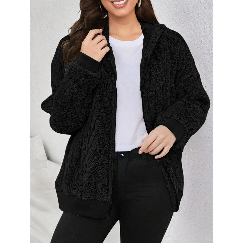 Women's Hooded Teddy Jacket with Zipper, Soft Plush and Elastic Cuff Mune Fashion