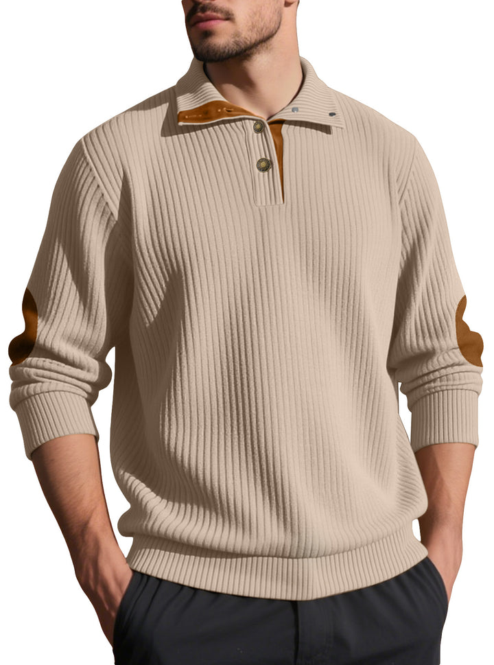 Men's ribbed half-button pullover with Kent collar and leather trim Mune Fashion