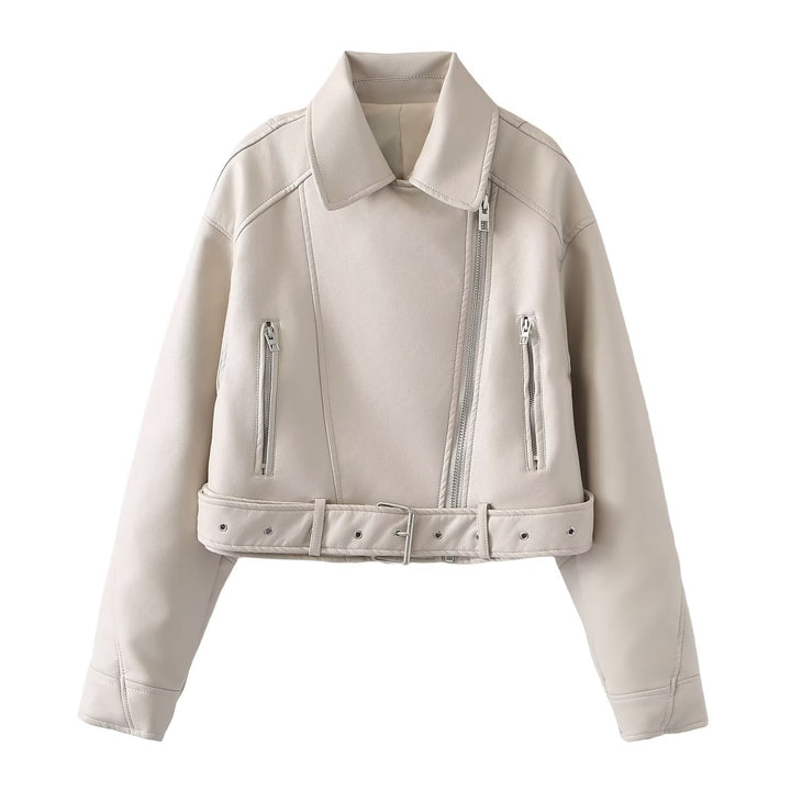 Women's short biker jacket made of soft synthetic leather with waist belt Mune Fashion