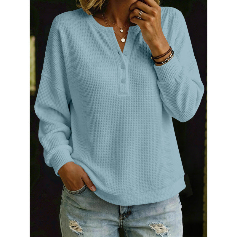 Women's Waffle Knit Henley Sweater with Oversized Cut Mune Fashion