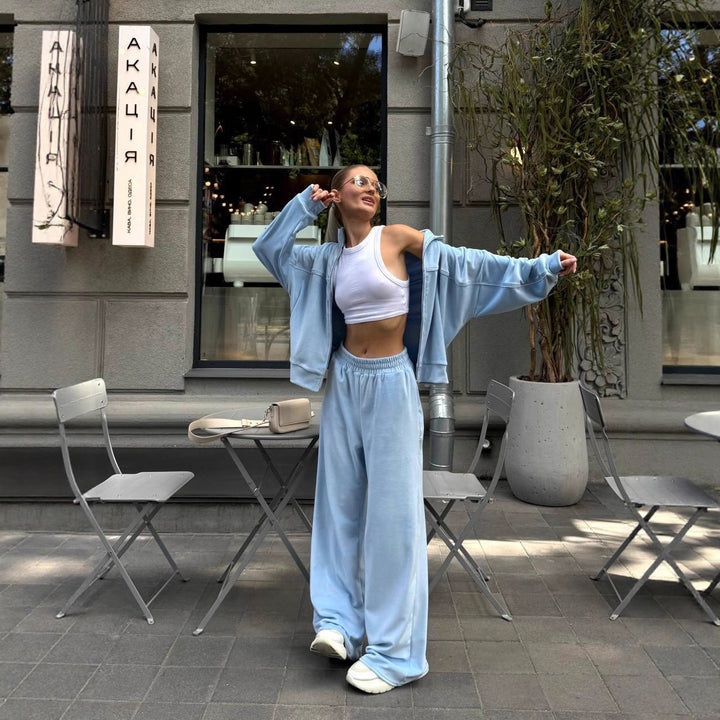 Women's Sporty Oversized Fleece Jacket with Diagonal Zipper Look and Wide Cut High-Waist Jogging Pants Mune Fashion
