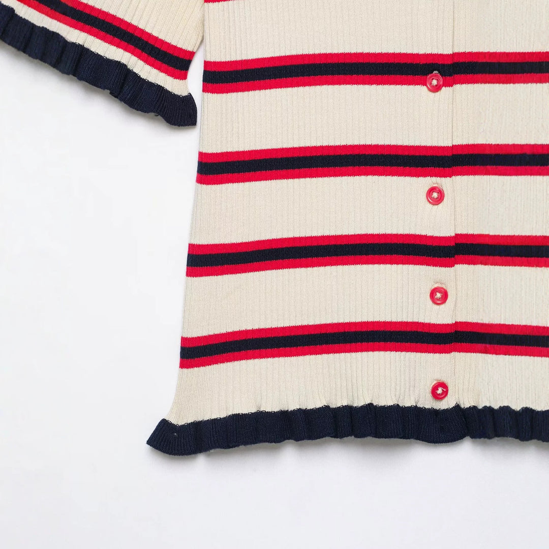 Ladies Short-Sleeved Fine Knit Cardigan with Polo Collar and Ruffle Cuffs Mune Fashion