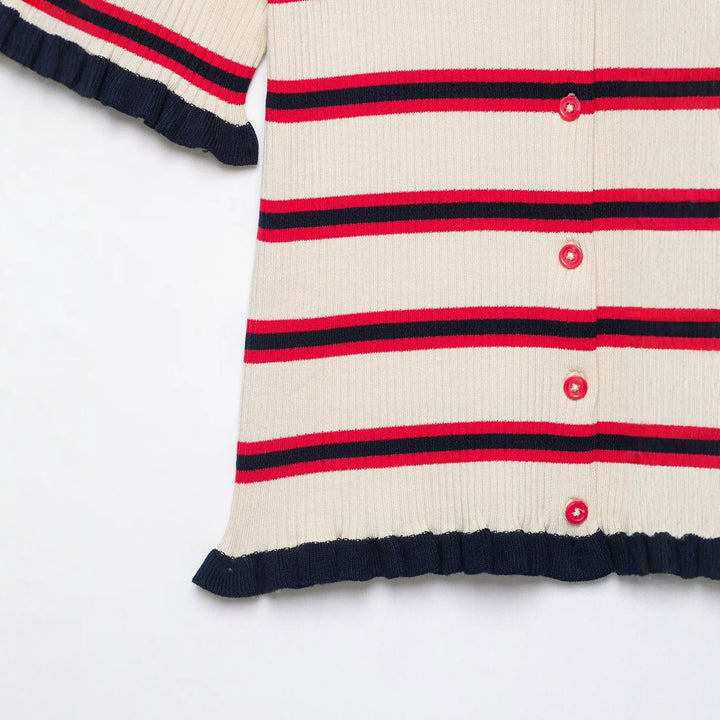 Ladies Short-Sleeved Fine Knit Cardigan with Polo Collar and Ruffle Cuffs Mune Fashion