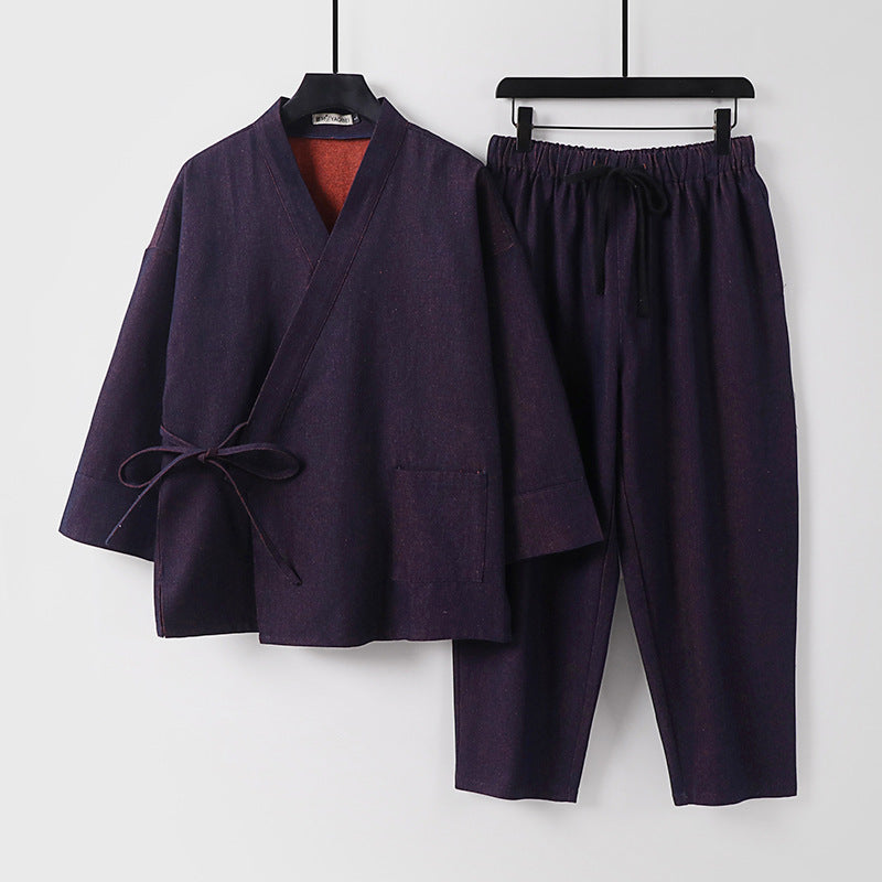 Unisex Casual Denim Kimono Set with Short Sleeve Jacket, Tie Band and Elastic Waist Pants Mune Fashion