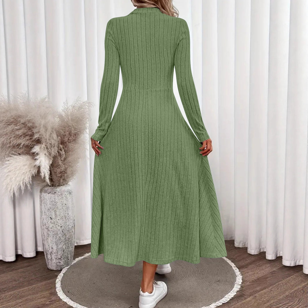 Women's Ribbed Knit Midi Dress with High Mock Neck and Tailored A-Line Shape