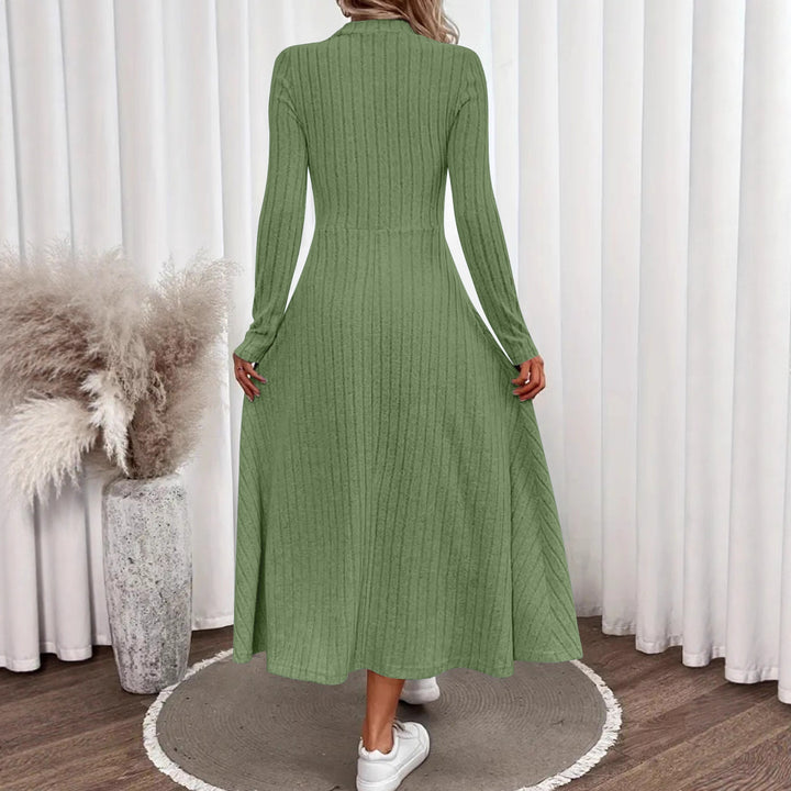 Women's Ribbed Knit Midi Dress with High Mock Neck and Tailored A-Line Shape