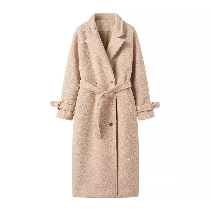 Women long cut bouclé teddy coat in oversized cut with double button front and adjustable sleeve straps Mune Fashion
