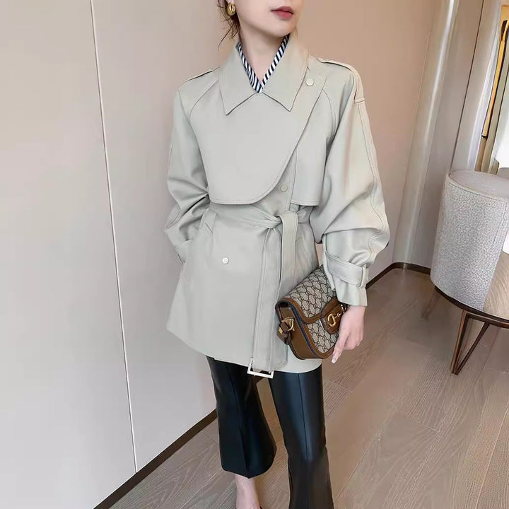 Women Modern Trench Coat with Waist Belt Mune Fashion