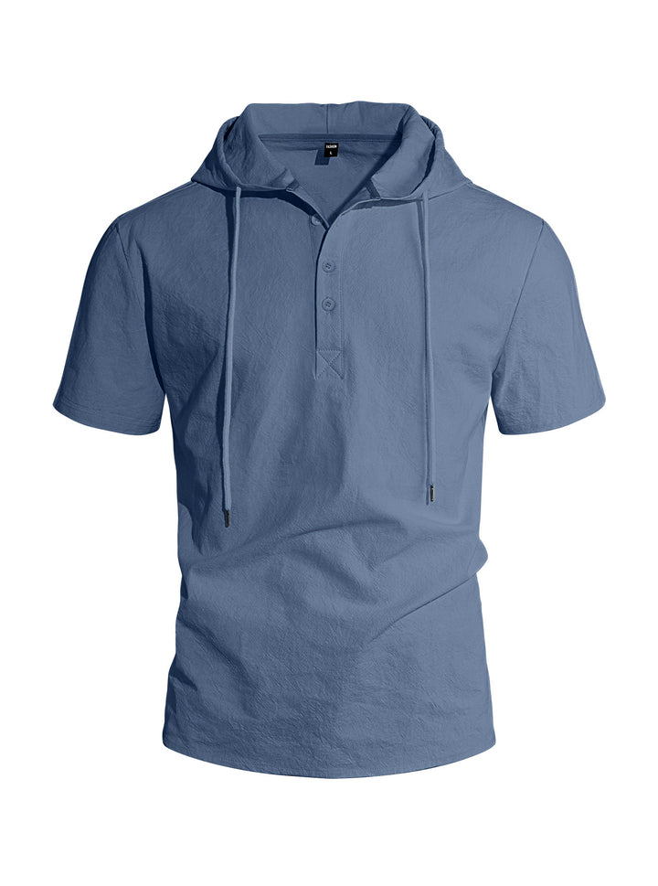 Men's short-sleeved hooded Henley made of slub cotton with concealed button placket and drawstring Mune Fashion