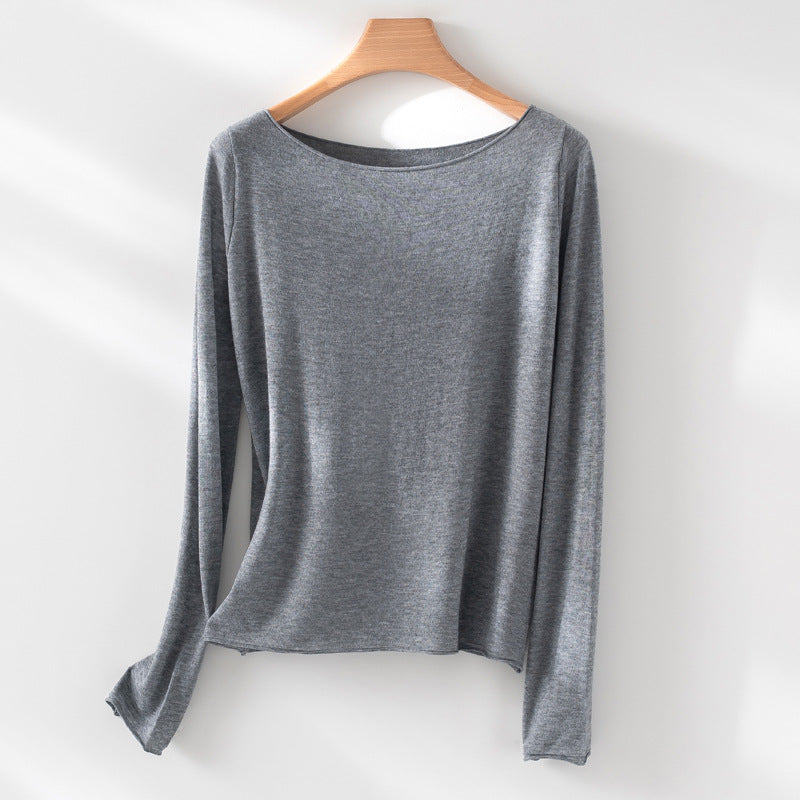 Women's Long Sleeve Fine Knit Shirt with Boat Neck and Light Draping Mune Fashion