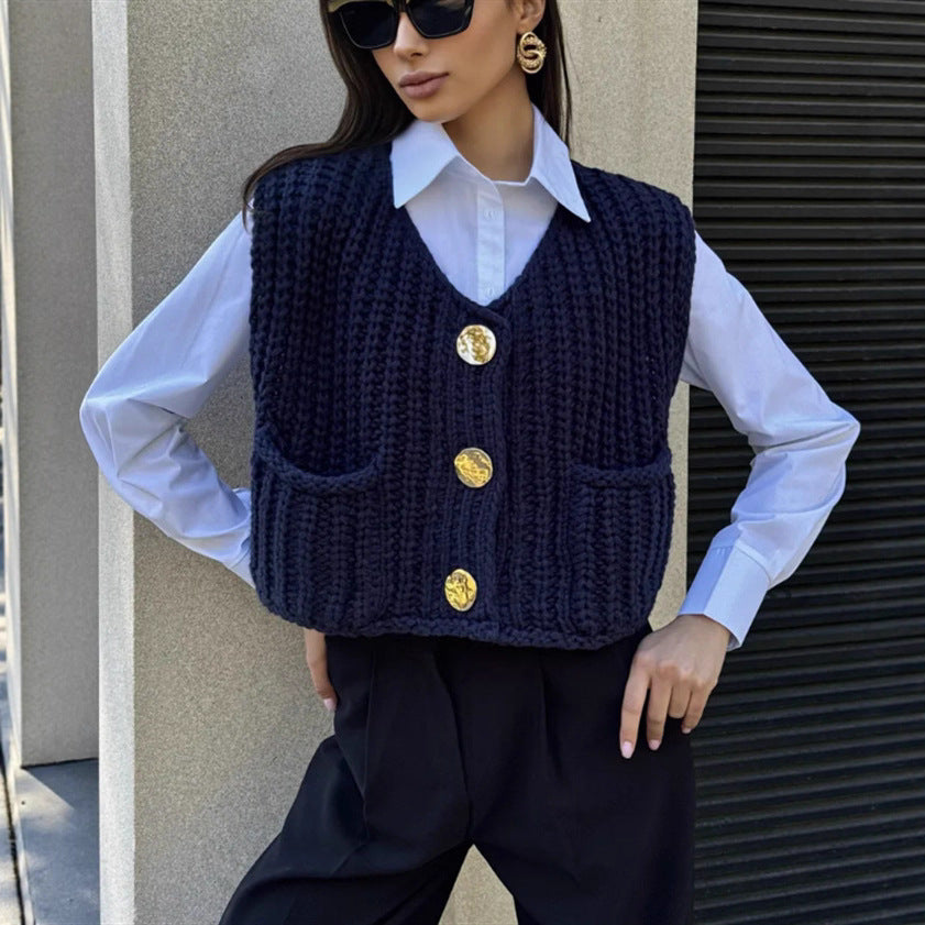 Women's Chunky Knit Cropped Vest with V-Neck and Gold Decorative Buttons Mune Fashion