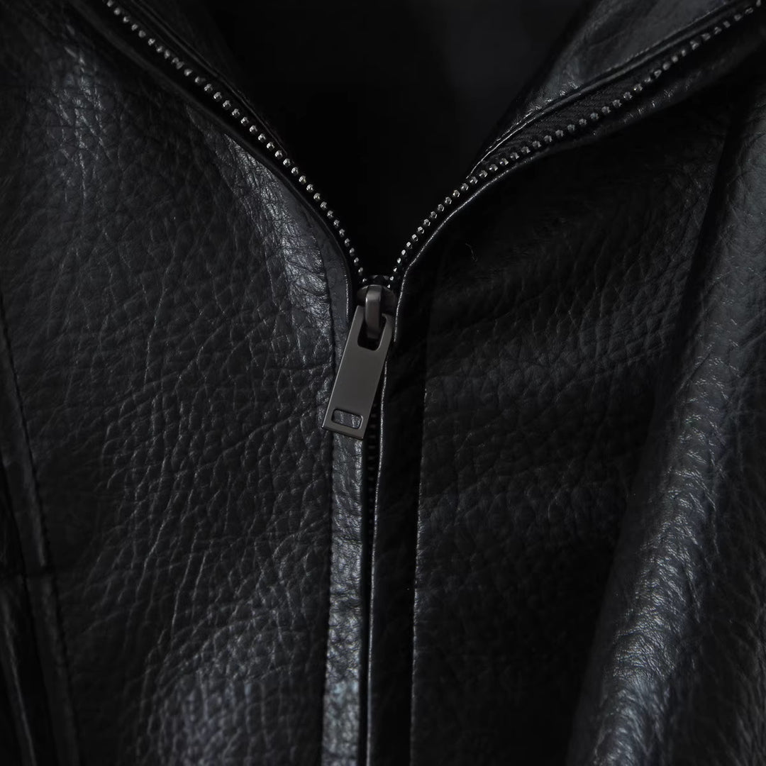Women's Oversized Leather Jacket with Asymmetrical Zipper and Wide Collar Mune Fashion