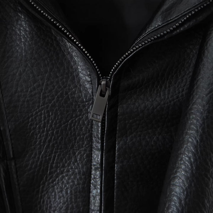 Women's Oversized Leather Jacket with Asymmetrical Zipper and Wide Collar Mune Fashion