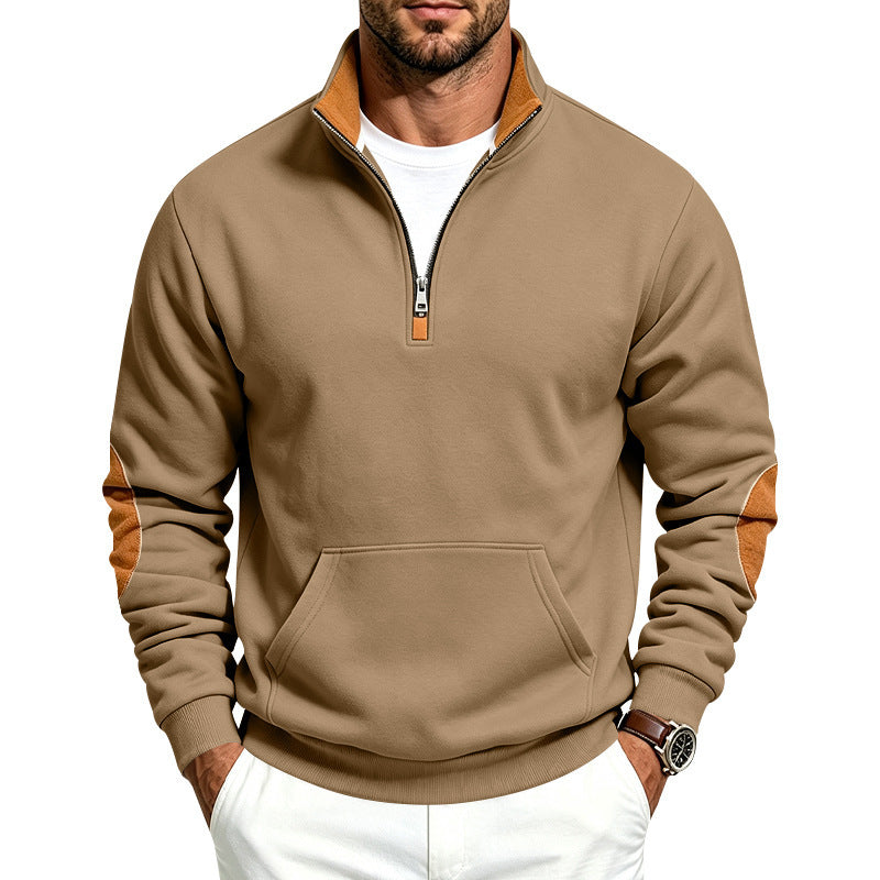 Men's Troyer sweater with half zip, kangaroo pocket, and elbow patches Mune Fashion