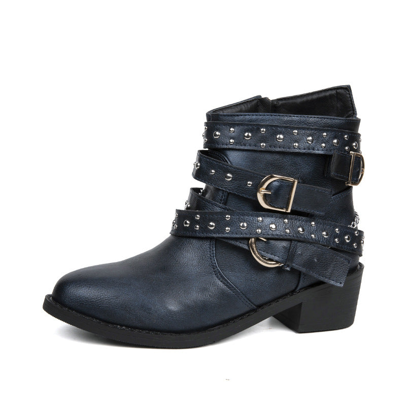 Women's ankle-height biker ankle boots with studded strap, chain and buckle details Mune Fashion