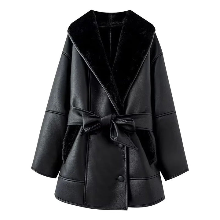 Women's tailored faux leather coat with warming faux fur lining, large shawl collar and tie belt Mune Fashion