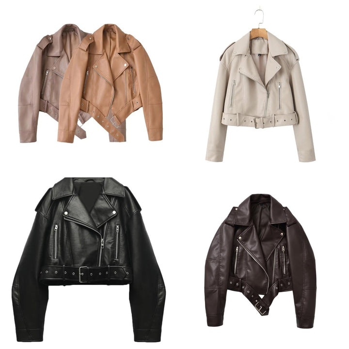 Women tailored faux leather biker jacket with belt Mune Fashion