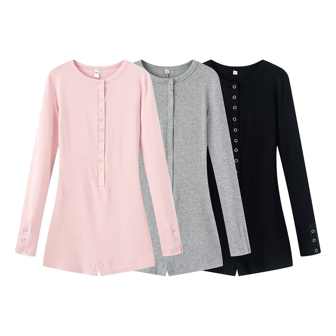 Women's Lightweight Rib Knit Jumpsuit with Henley Button Placket and Snap Button Stepping Mune Fashion