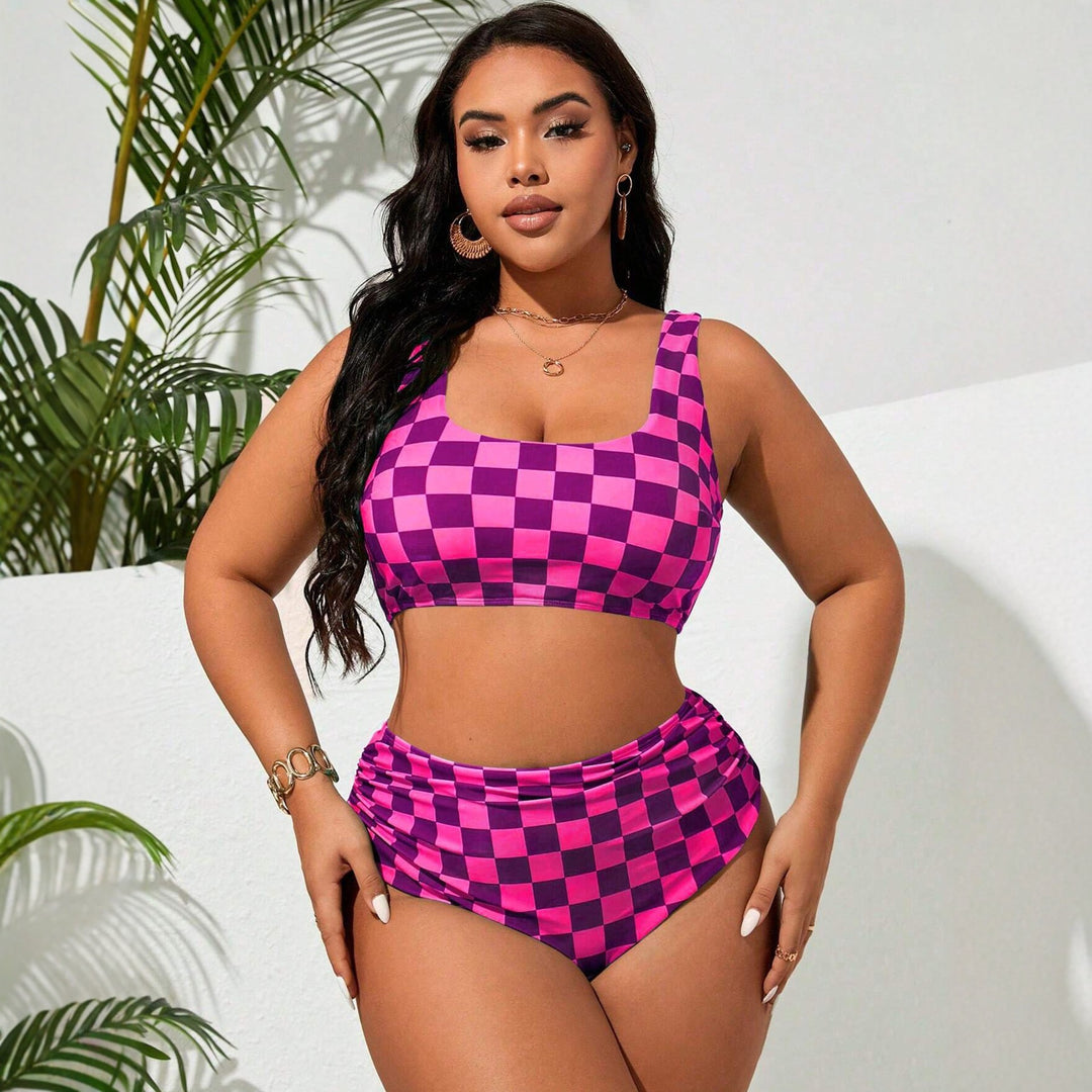 Women's High-Waisted Bikini Set with Checkered Design Mune Fashion