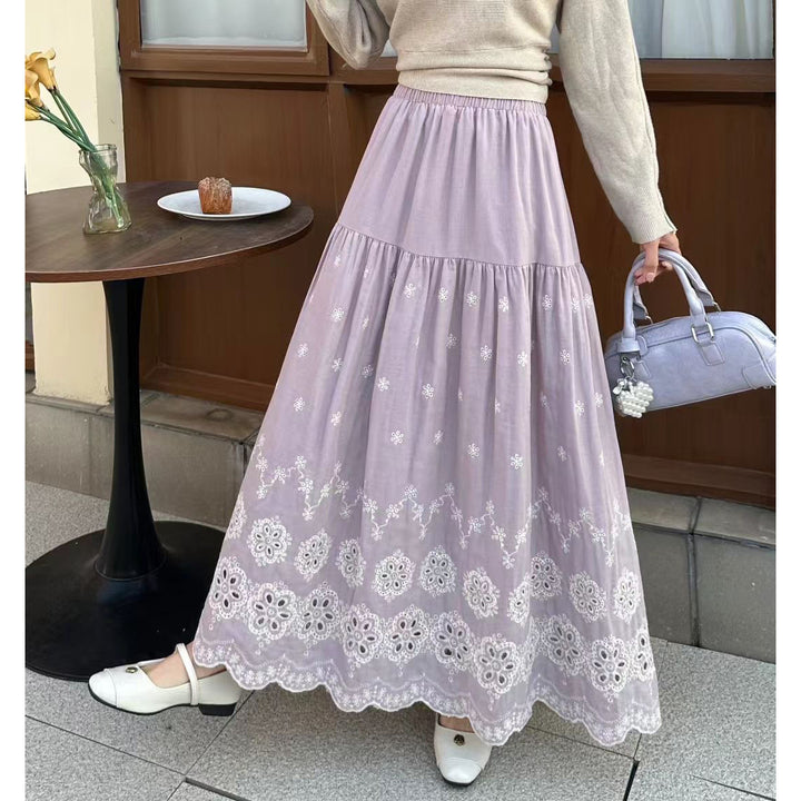 Women's tiered maxi skirt with delicate embroidery, wavy hem and elastic comfort waistband Mune Fashion