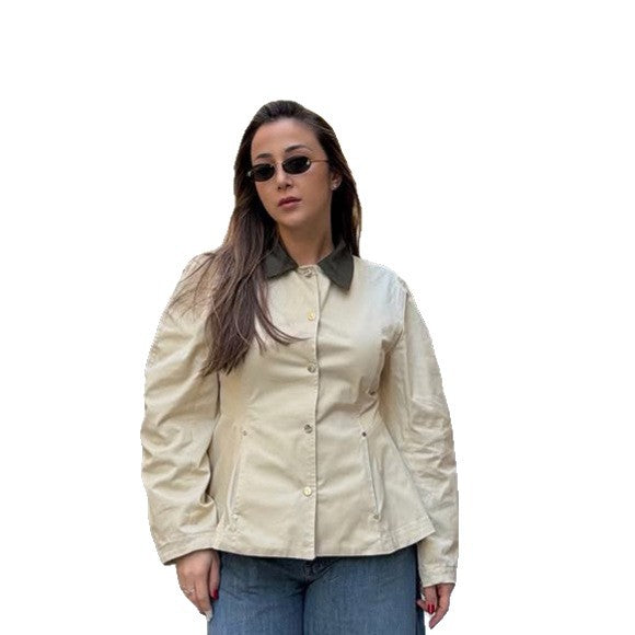 Women's fitted lightweight transition jacket with peplum and contrasting shirt collar Mune Fashion