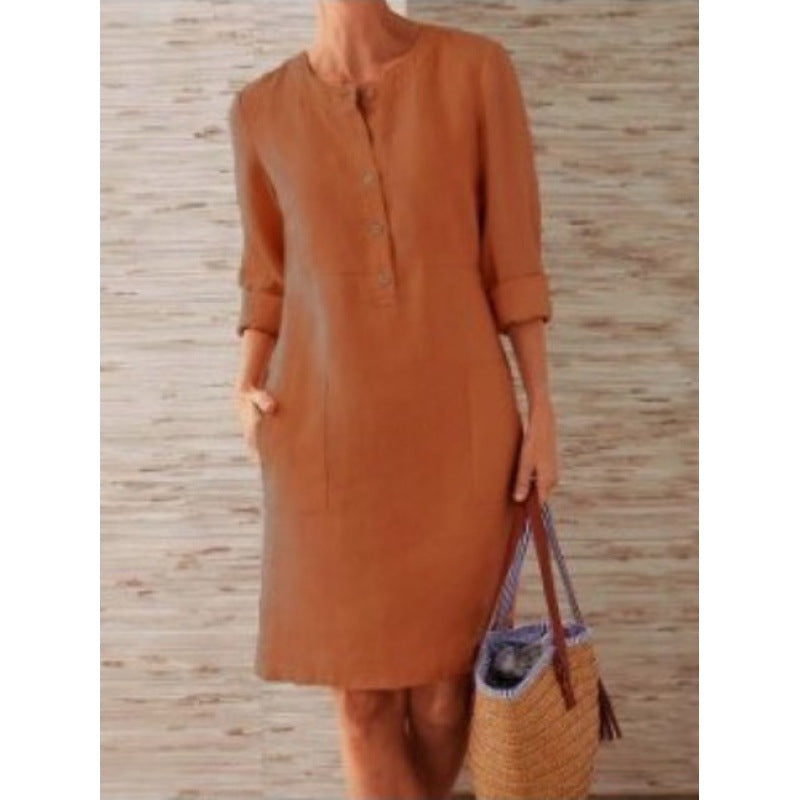 Women loose-fitting linen-look dress with three-quarter sleeves, button placket and side pockets Mune Fashion