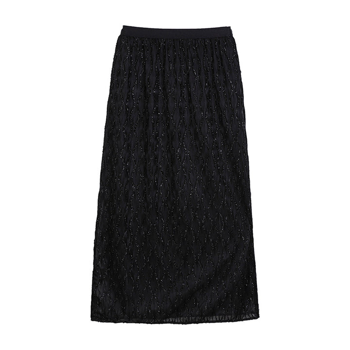 Women's embroidered midi maxi skirt with fine glitter mesh and elastic comfort waistband.