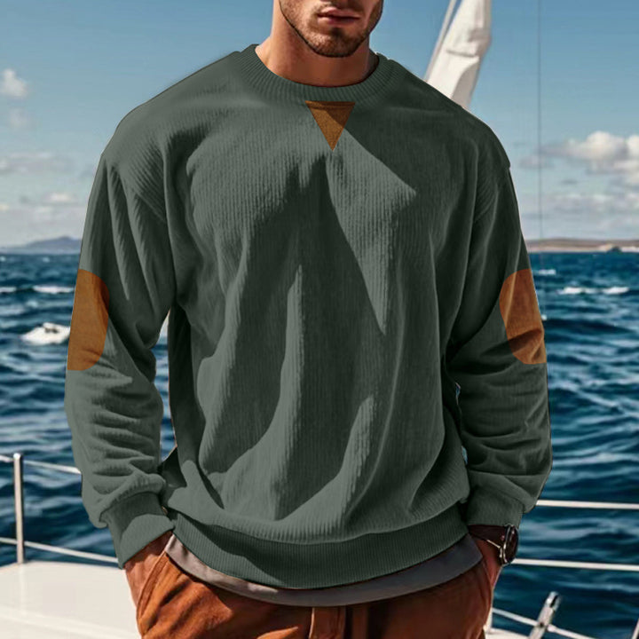 Men's ribbed knit sweater with round neckline elbow patches and decorative triangle Mune Fashion