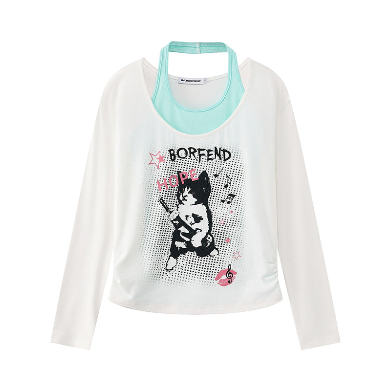 Ladies Layered Long Sleeve Shirt with Racerback Inner Layer and Cartoon Cat Print Mune Fashion
