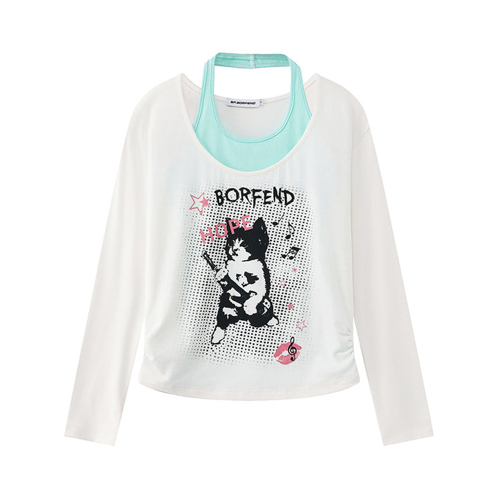 Ladies Layered Long Sleeve Shirt with Racerback Inner Layer and Cartoon Cat Print Mune Fashion