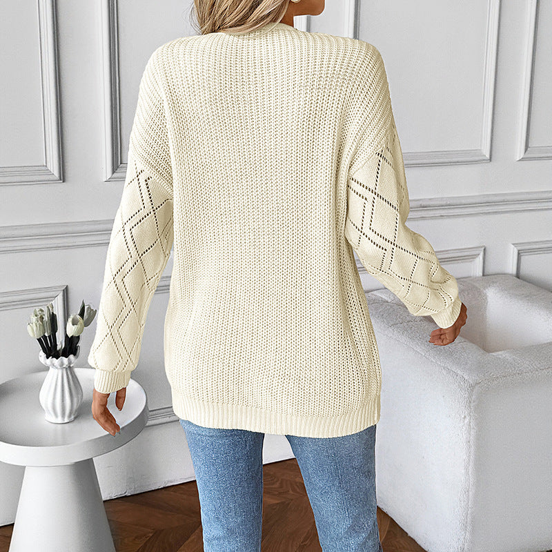 Women's Knitted V-Neck Sweater with Lace Insert and Openwork Sleeves Mune Fashion