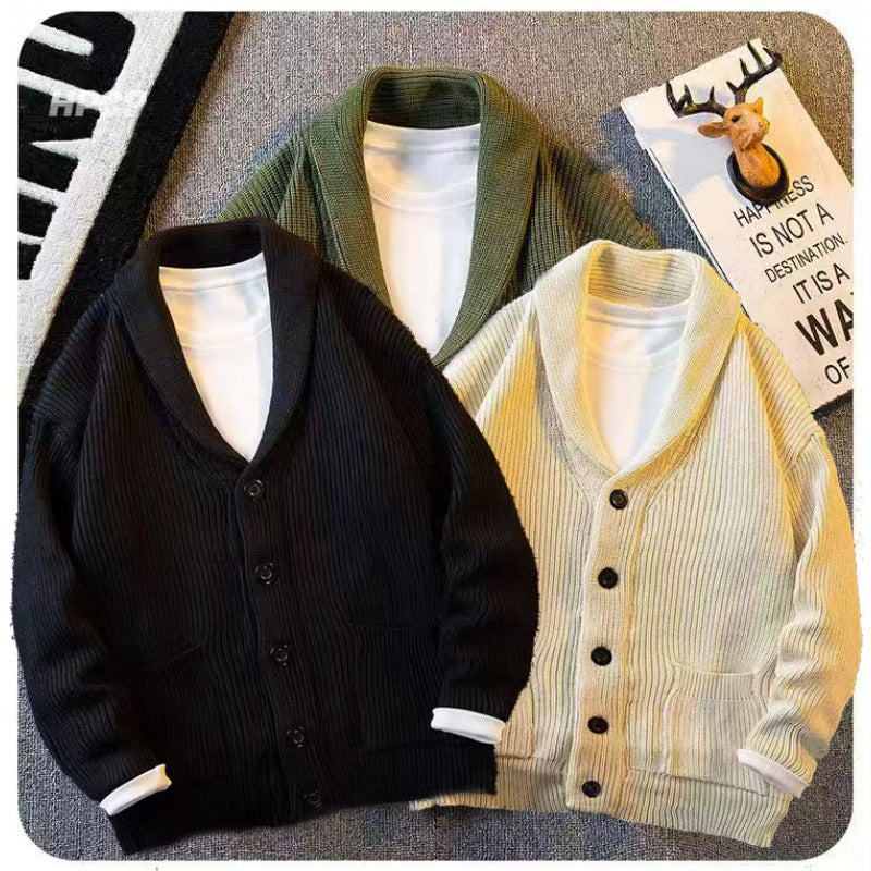 Men's shawl collar cardigan made of coarse ribbed knit with pockets & button placket Mune Fashion