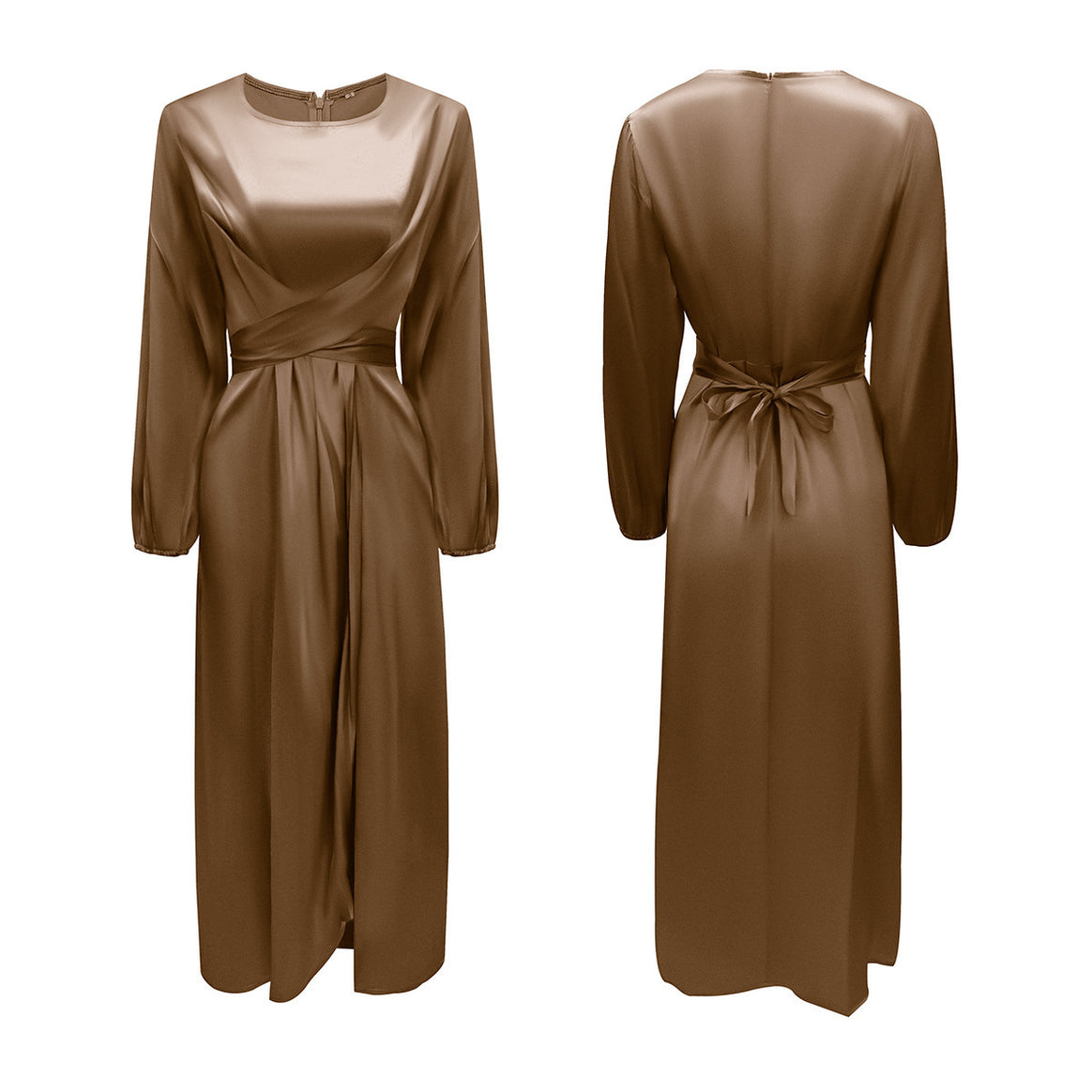 Ladies Elegant Maxi Dress in Satin with Wrap Detail, Long Sleeve and Waistband Mune Fashion