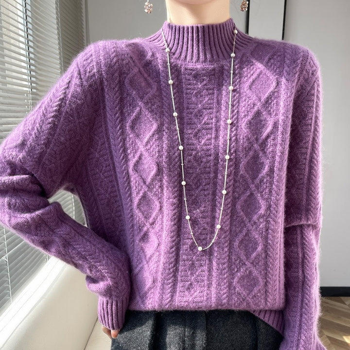 Women Cozy Mohair-Optic Mock Neck Sweater with Diamond Cable Structure and Boxy Silhouette Mune Fashion