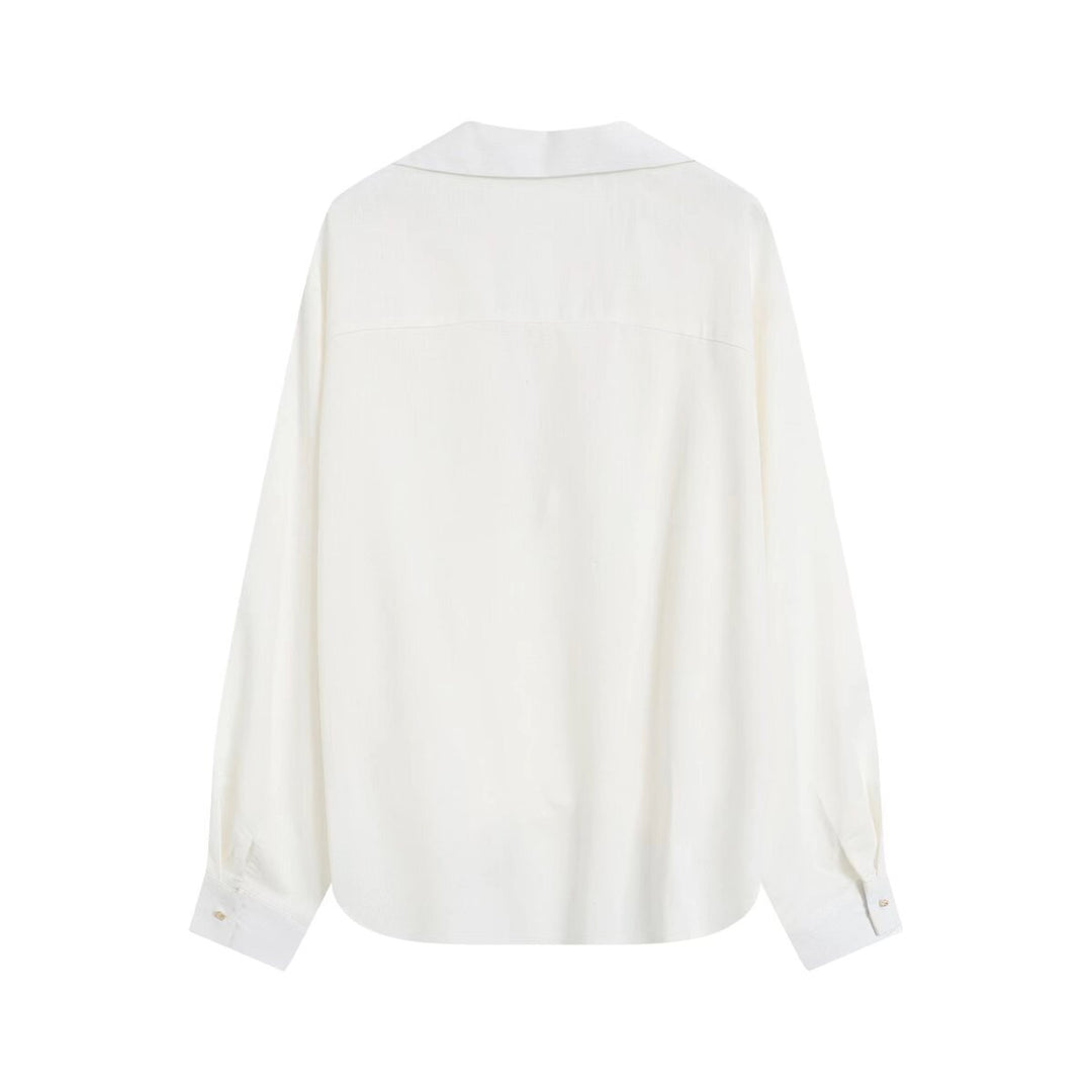 Women's Oversize Linen Look Blouse with Deep V-Neck, Shirt Collar and Gathered Front Mune Fashion