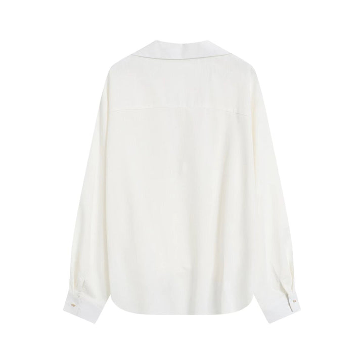 Women's Oversize Linen Look Blouse with Deep V-Neck, Shirt Collar and Gathered Front Mune Fashion
