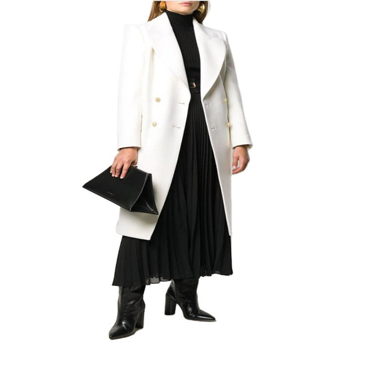 Women Slim Double-Breasted Wool Blend Long Coat with Shawl Collar, Gold Button Detail and Flap Pockets Mune Fashion